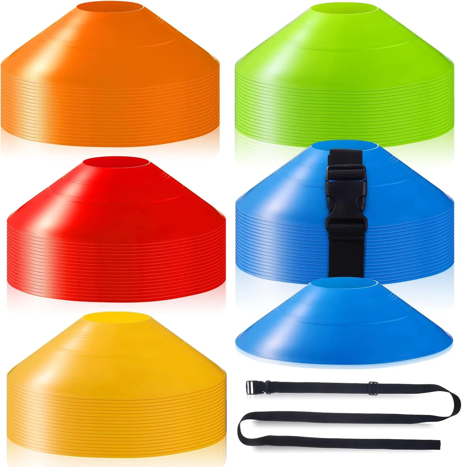 100 Pcs Soccer Cones with Strap Agility Disc Training Soccer Cones Drills Mini for Challenge Football Basketball Skating Kids Games Outdoor Indoor Discs with Straps
