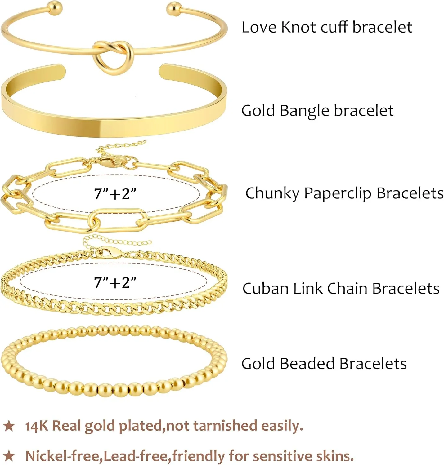 14K Real Gold Plated Bracelets for Women Stack,Bangle Cuff Bracelet Set Non Tarnish Jewelry for Women Trendy