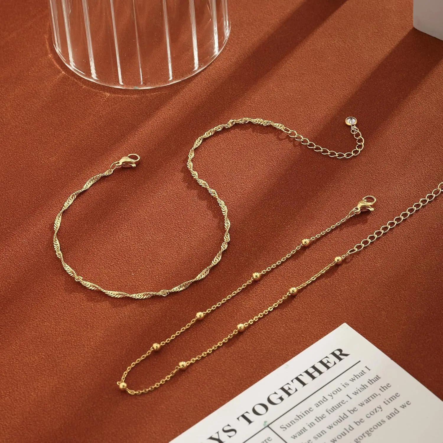 2/3 PCS Gold Anklets for Women Waterproof Cuban Link Anklet Beaded Bracelets Stackable Bracelets 14K Gold Plated Custom Jewelry Gifts Non Tarnish Lightweight