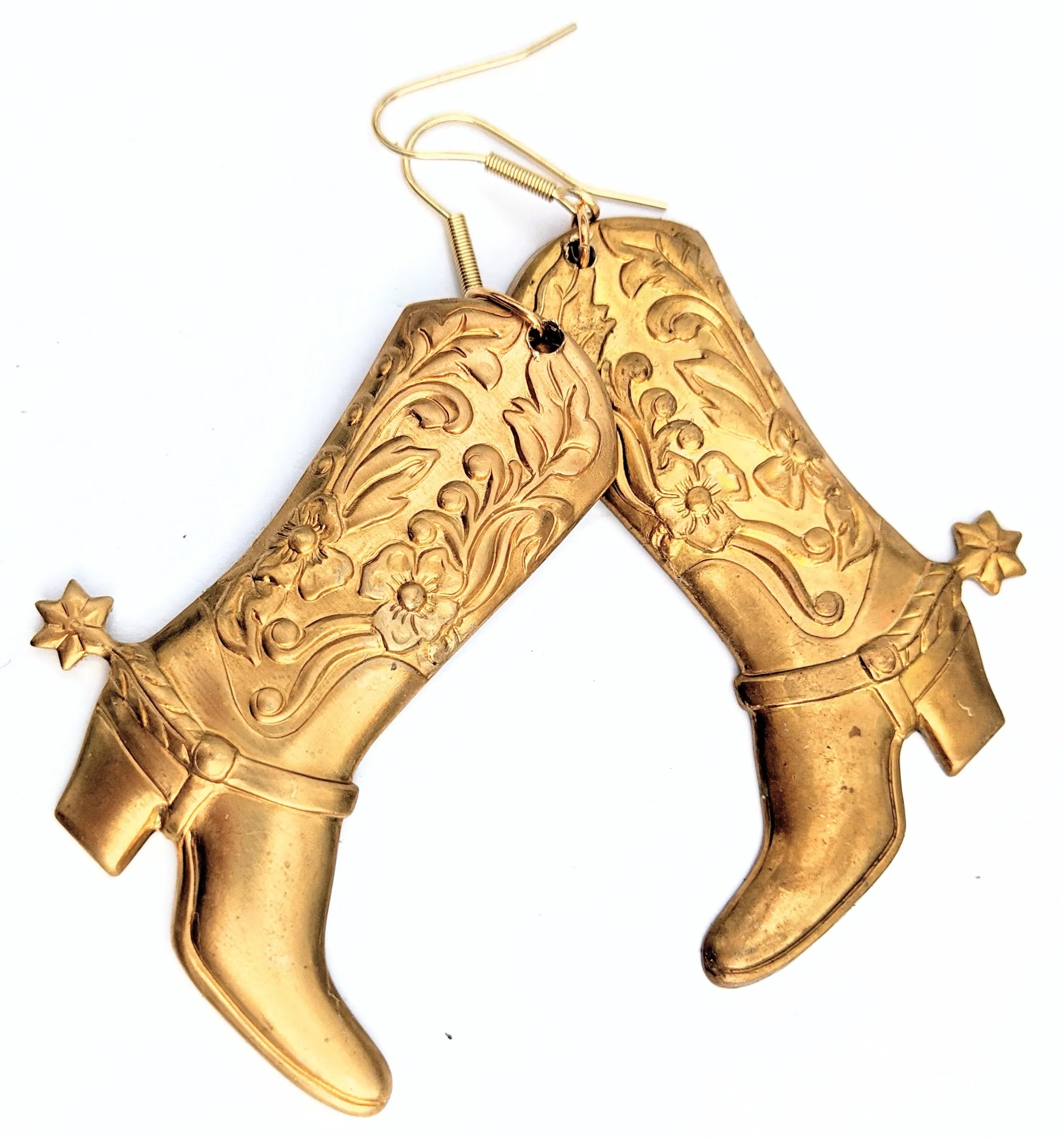24k Gold Plated Brass Left and Right Boots with Spurs Earrings USA Sugar Gay Isber gift bag included left and right facing adult unisex gold