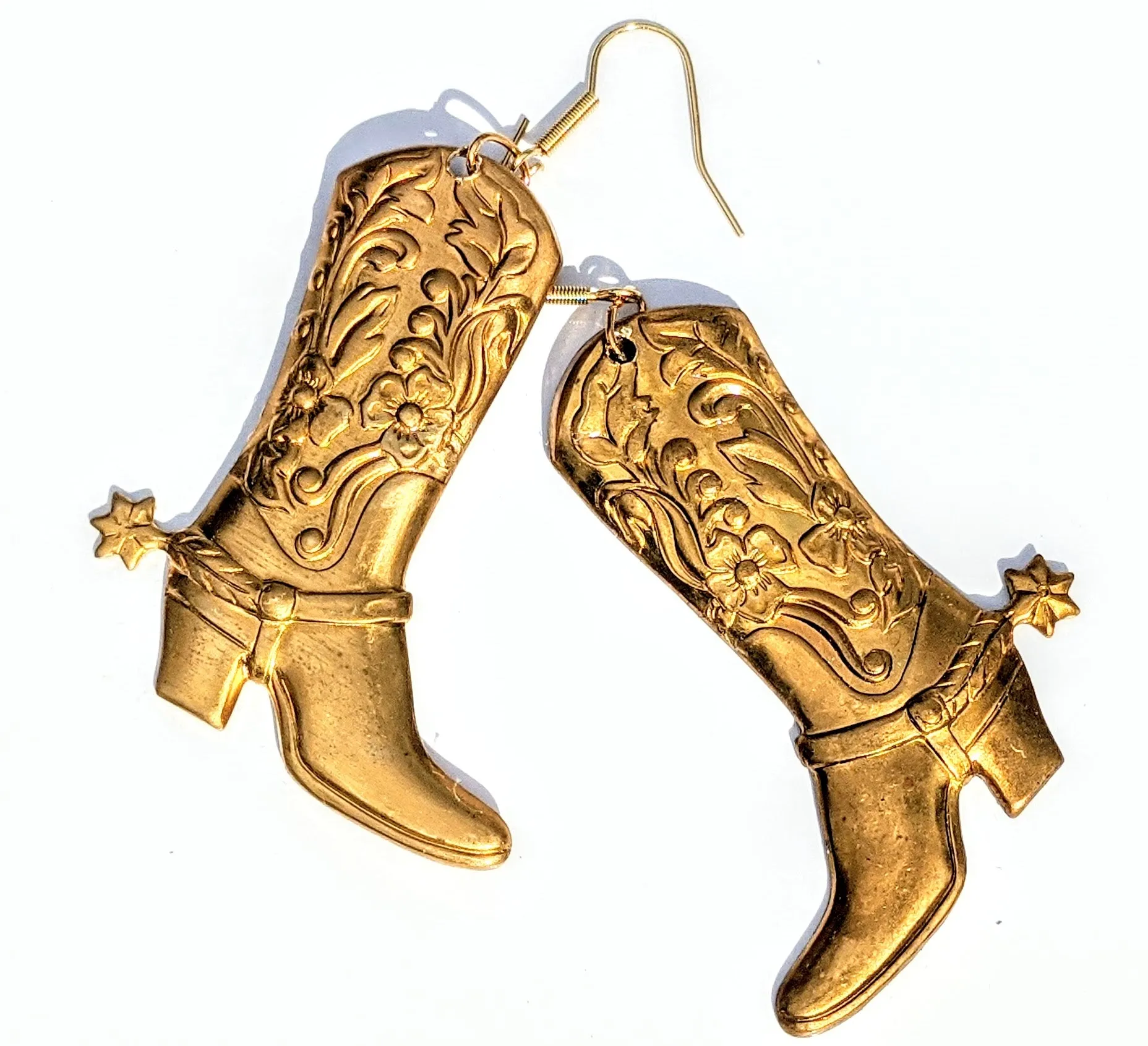 24k Gold Plated Brass Left and Right Boots with Spurs Earrings USA Sugar Gay Isber gift bag included left and right facing adult unisex gold