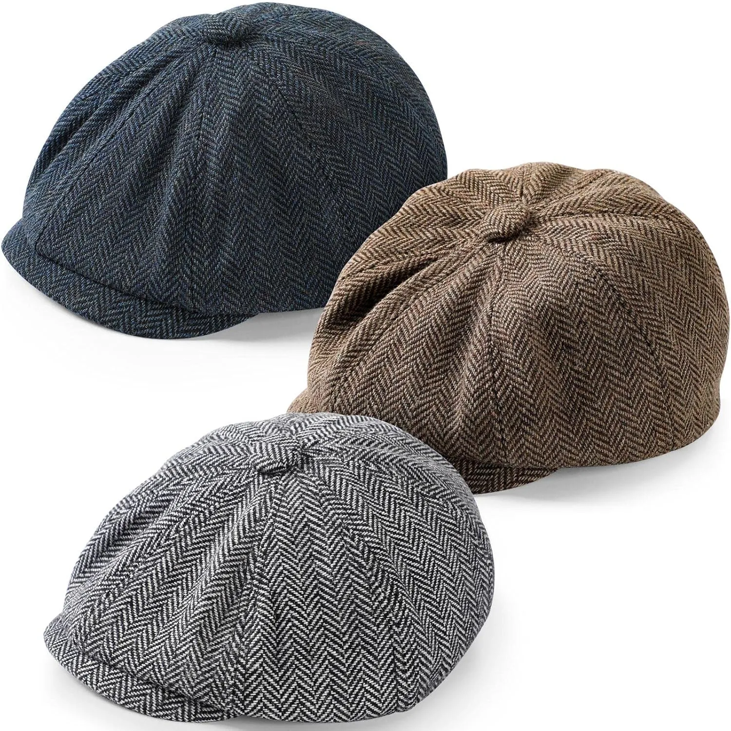 3 Packs Boys Vintage Newsboy Cap Toddler Flat Tweed Beret Hat Pageboy Cabbie Caps Driver Hats for 1-4 Years Old Kids, Navy Blue, Black, Khak
