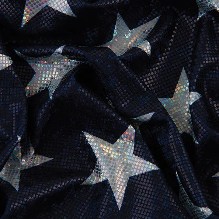 4-Way Stretch Fabric, Silver Star Pattern, Navy