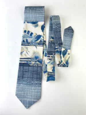 90s Deadstock Silk Necktie, Men's Vintage Blue/ Cream Abstract Pattern Tie, NOS