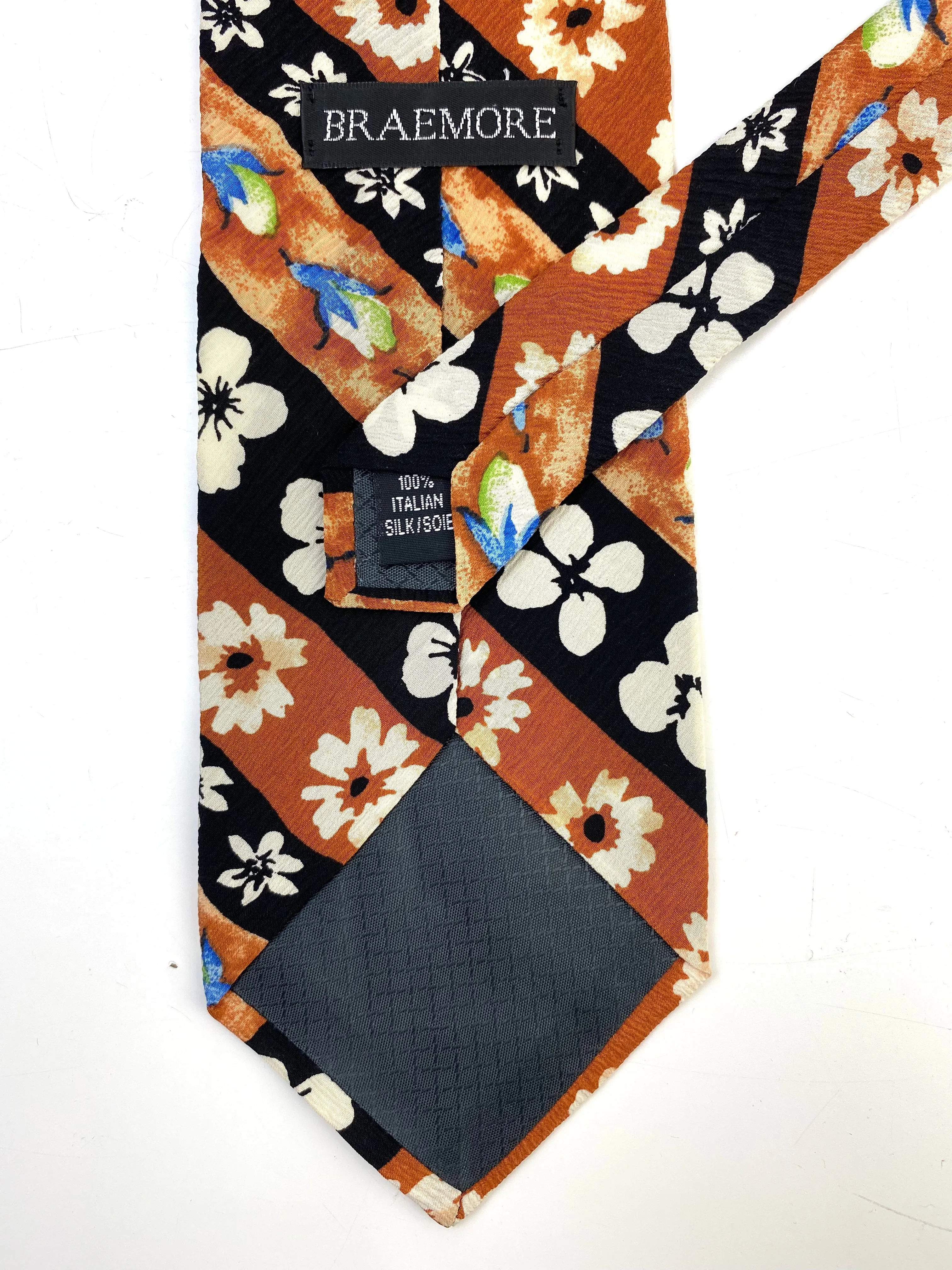 90s Deadstock Silk Necktie, Men's Vintage Brown/ Black Diagonal Stripe Floral Pattern Tie, NOS