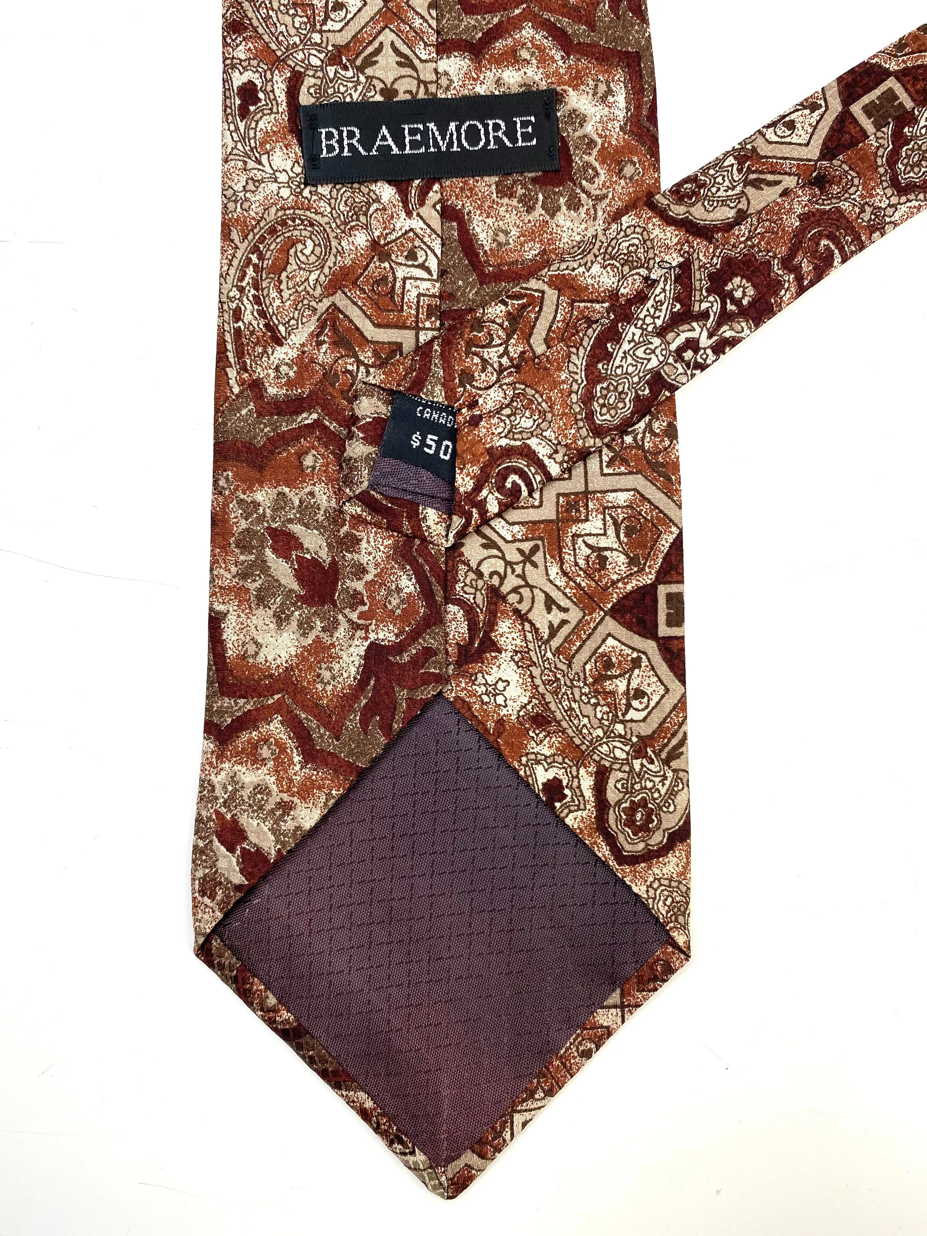 90s Deadstock Silk Necktie, Men's Vintage Brown Paisley Pattern Tie, NOS