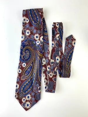 90s Deadstock Silk Necktie, Men's Vintage Wine/ Blue Floral Paisley Pattern Tie, NOS