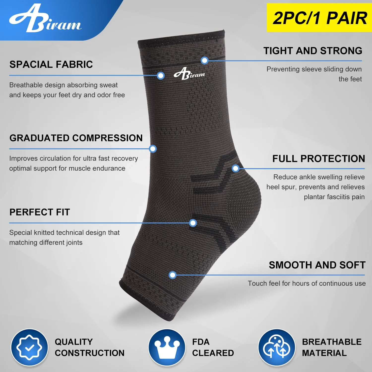 ABIRAM Ankle Compression Sleeve, Foot Sleeve (1 Pair) with strap, Ankle Brace for Sprained Foot, Ankle Support, Plantar Fasciitis Relief Socks, Achilles Tendonitis, Women & Men