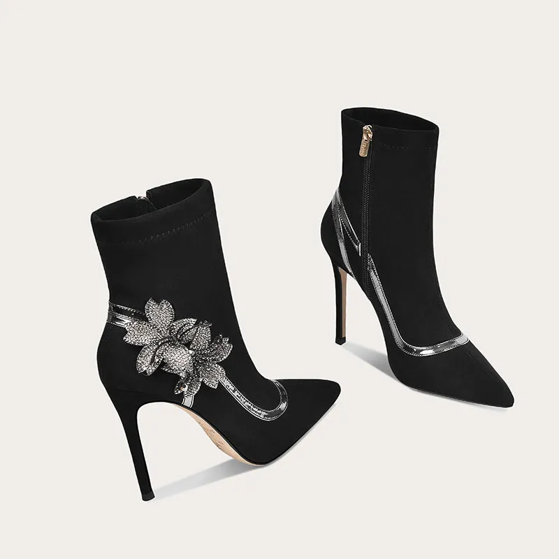 Black leather boots high-heeled short boots- Raty