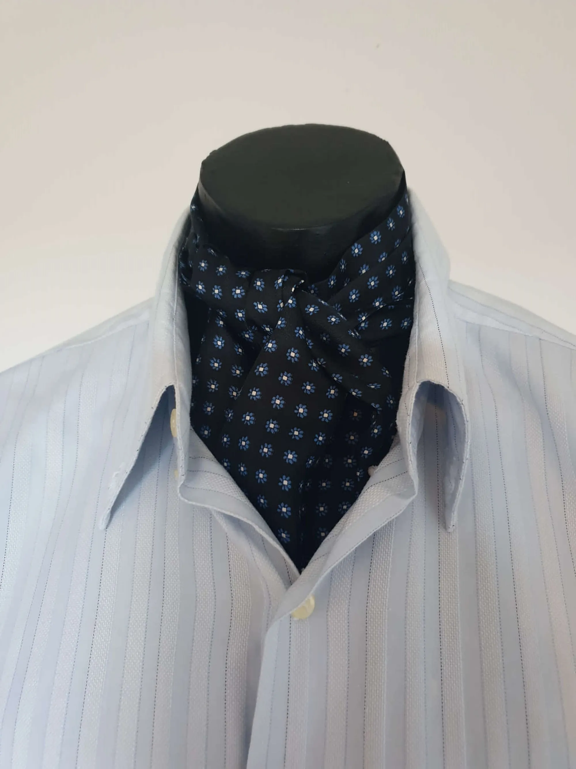 Black Silk Cravat, Ascot, With Blue Grey Floral Motif