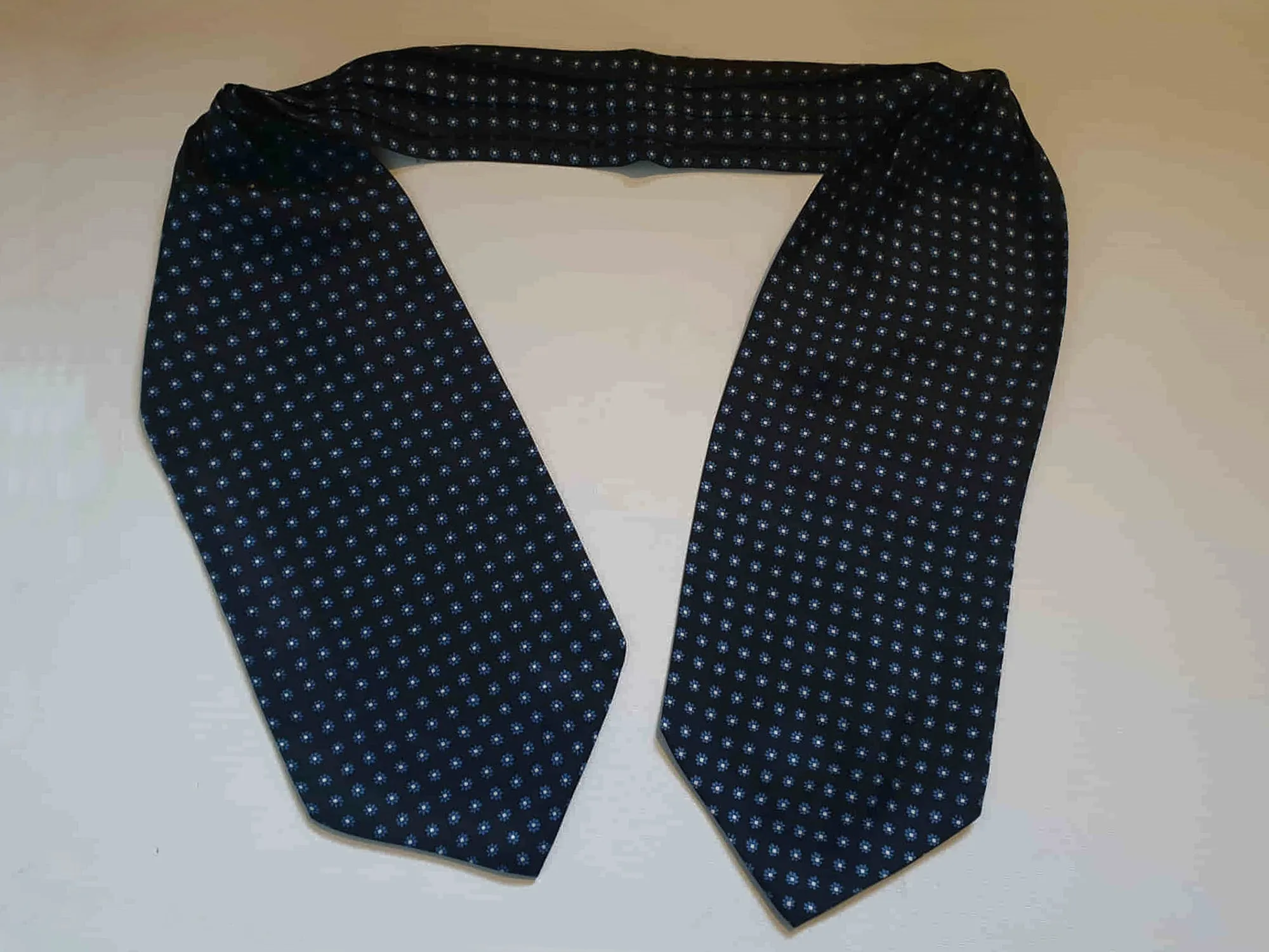 Black Silk Cravat, Ascot, With Blue Grey Floral Motif