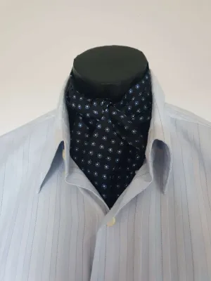 Black Silk Cravat, Ascot, With Blue Grey Floral Motif