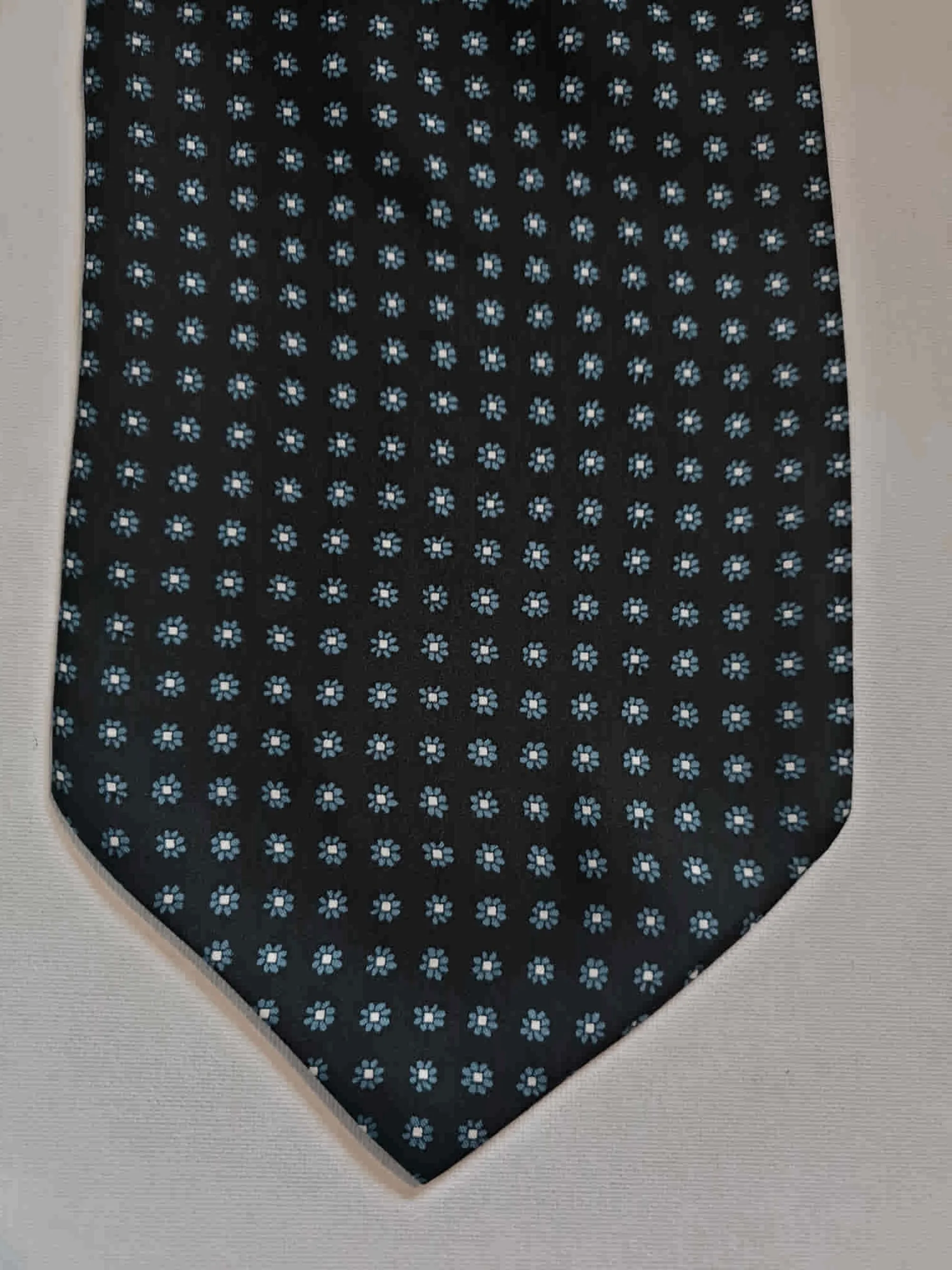 Black Silk Cravat, Ascot, With Blue Grey Floral Motif
