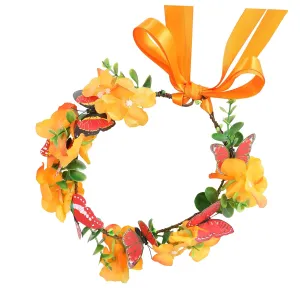 Butterfly Flower Crown for Women Girls Fairy Flower Headband Crown Adjustable Wedding Festival Floral Hair Wreath Orange