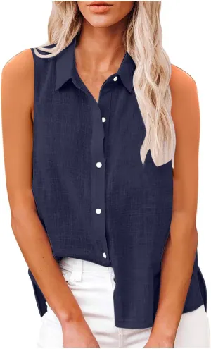 Cotton Linen Shirts for Women Sleeveless Collared Tops Oversized Button Up Blouses Work Shirts Casual Summer Tshirt