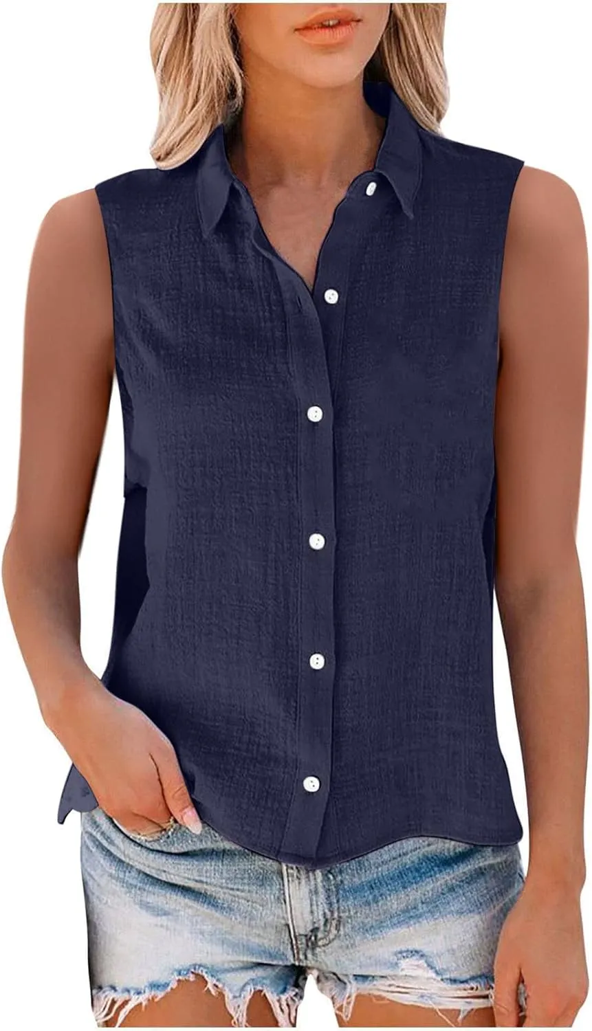 Cotton Linen Shirts for Women Sleeveless Collared Tops Oversized Button Up Blouses Work Shirts Casual Summer Tshirt