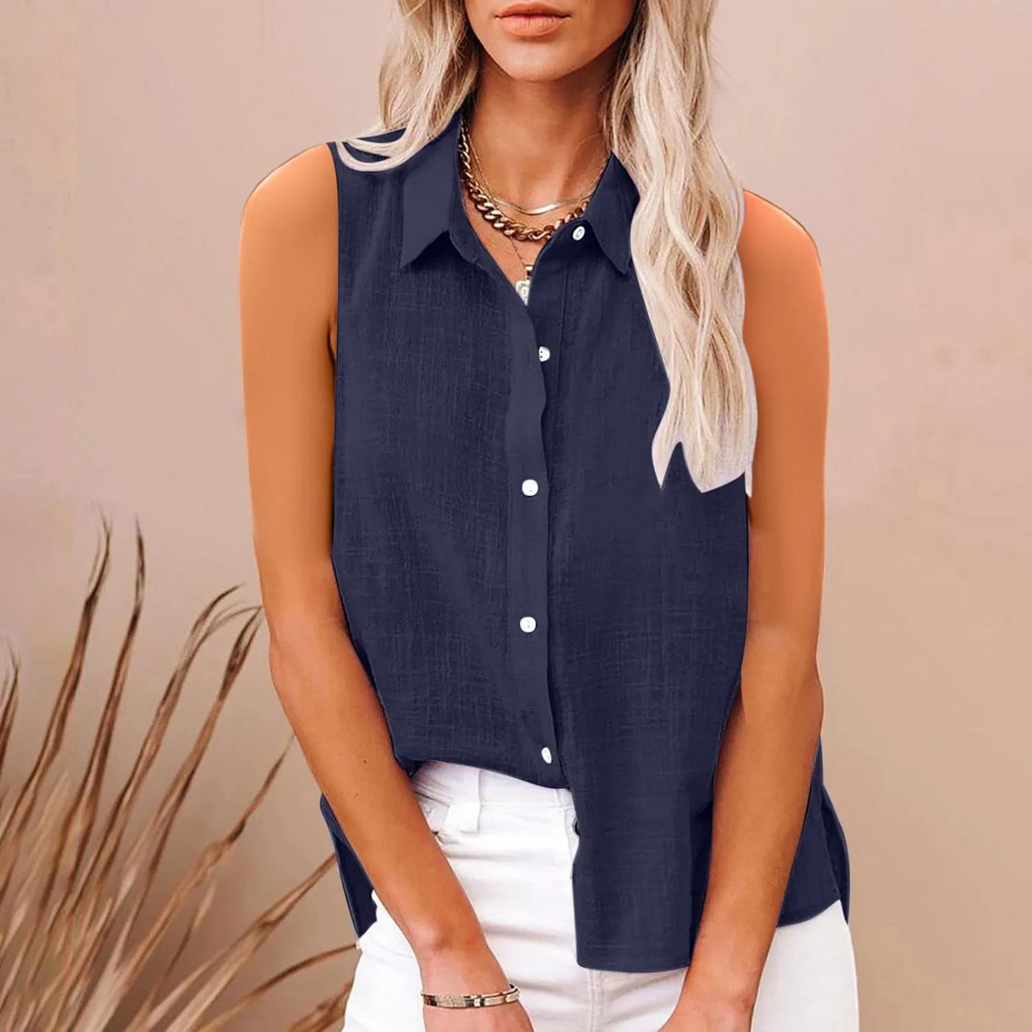 Cotton Linen Shirts for Women Sleeveless Collared Tops Oversized Button Up Blouses Work Shirts Casual Summer Tshirt