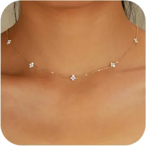 Dainty Lucky Leaf Necklace for Women 925 Sterling Silver Trendy 14K Gold Plated Cute White CZ Flowers Pendant Choker Necklaces to Daughter Mom Stackable Chain Graduation Wedding Prom Brides Jewelry