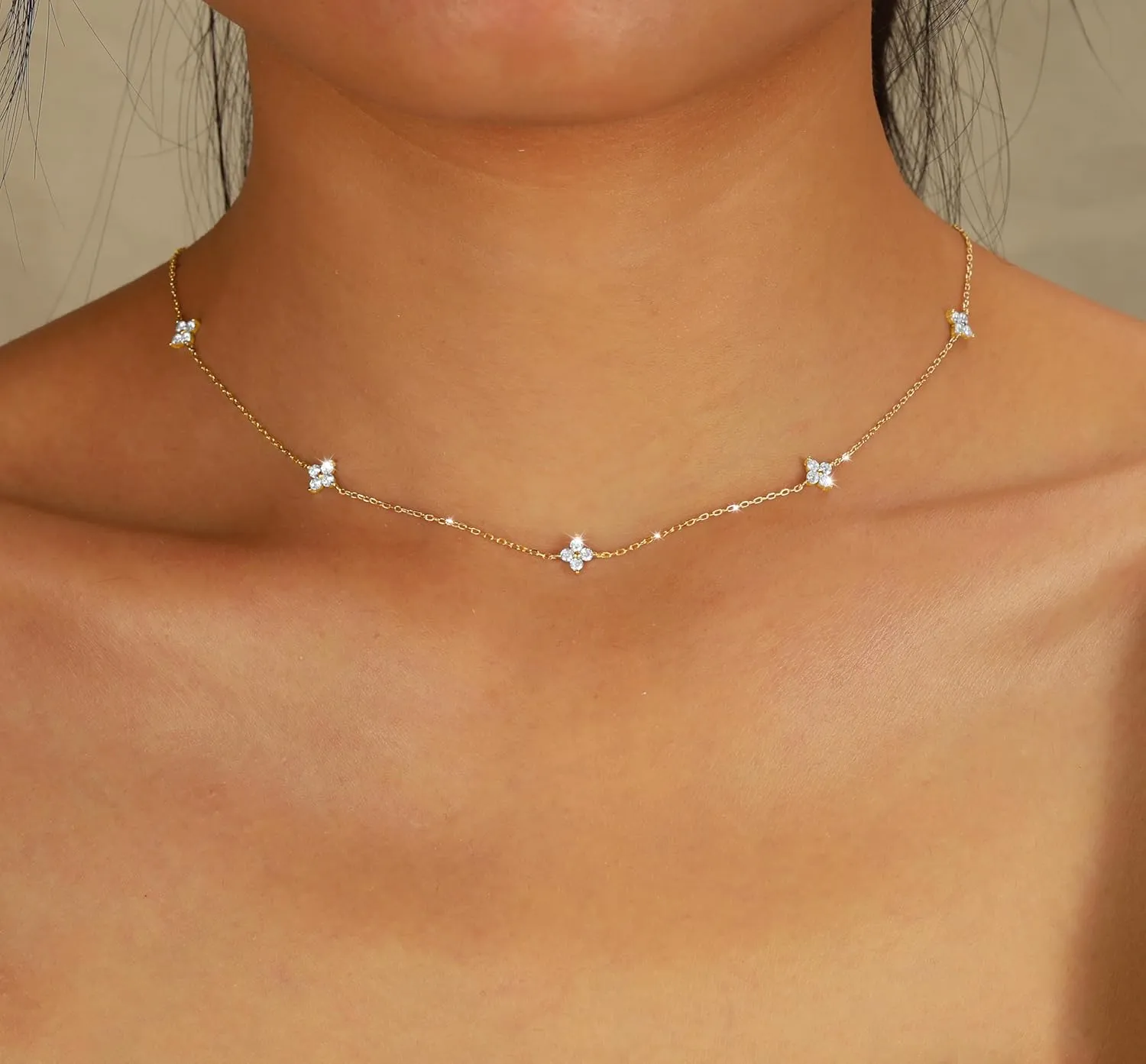 Dainty Lucky Leaf Necklace for Women 925 Sterling Silver Trendy 14K Gold Plated Cute White CZ Flowers Pendant Choker Necklaces to Daughter Mom Stackable Chain Graduation Wedding Prom Brides Jewelry