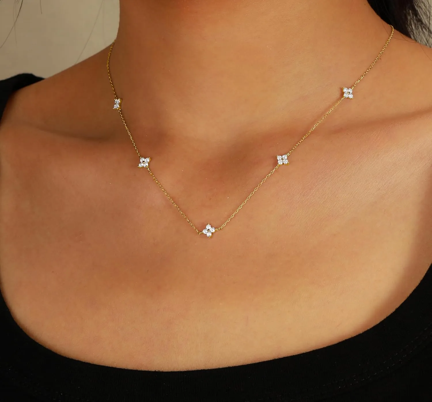 Dainty Lucky Leaf Necklace for Women 925 Sterling Silver Trendy 14K Gold Plated Cute White CZ Flowers Pendant Choker Necklaces to Daughter Mom Stackable Chain Graduation Wedding Prom Brides Jewelry