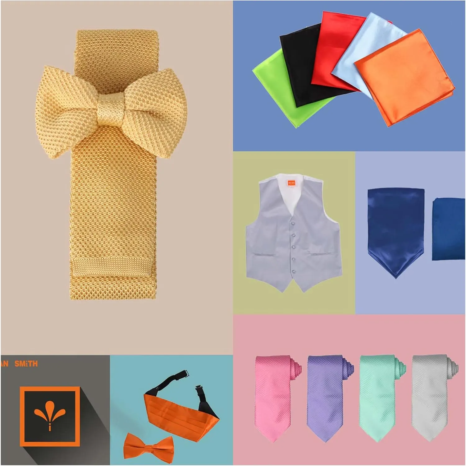 Dan Smith Man Bow Ties Silk Touch Bowtie Hankies Cuff-Links Set Clip-On Adjustable Famliy Shirt