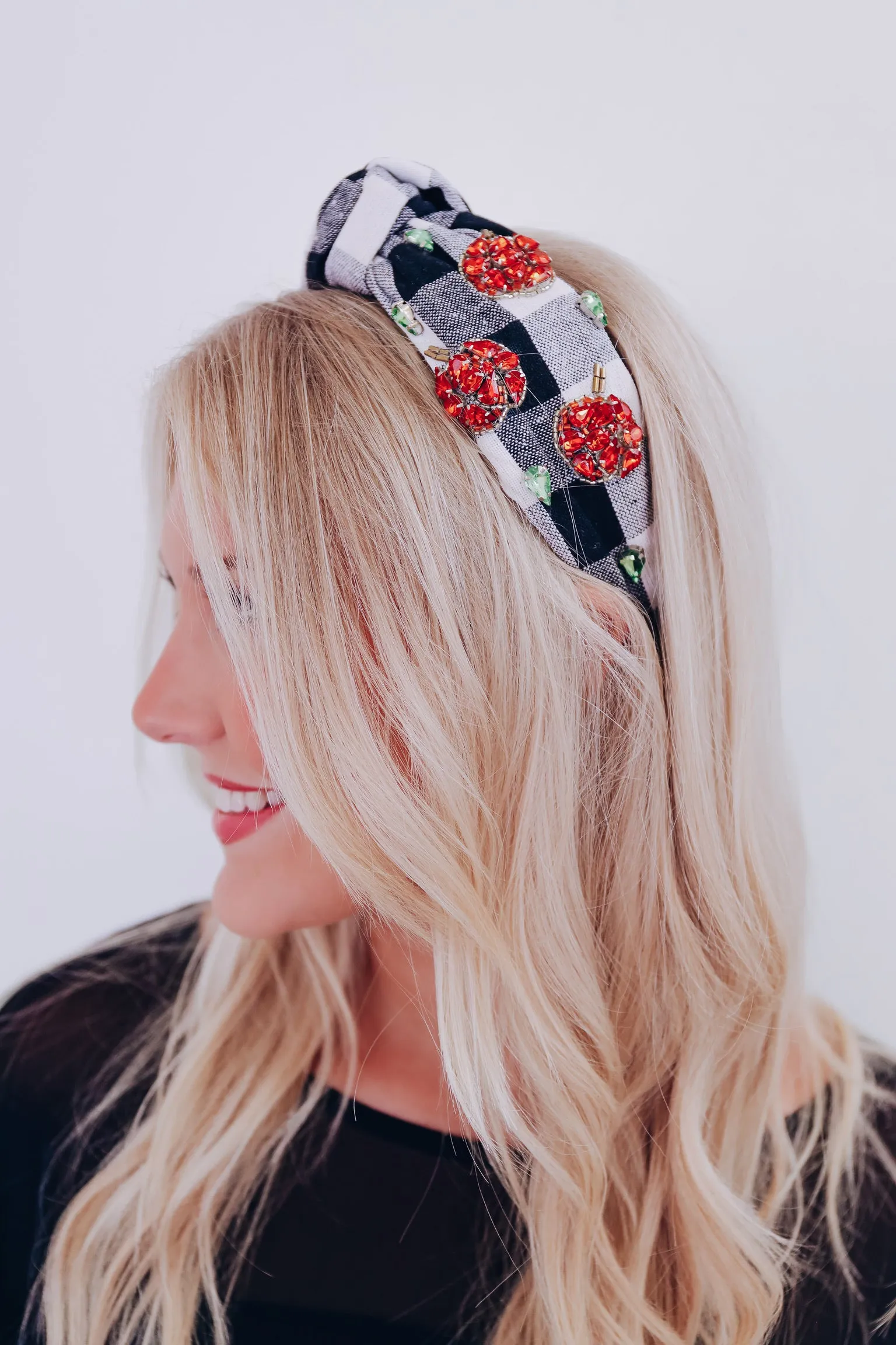 Fall Plaid Pumpkin Knotted Headband - Black