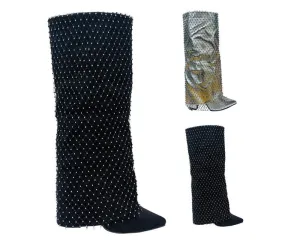 Fold Over Kneel High Diamante Fishnet Boots