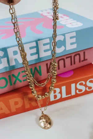 Gold Triple Chain with Oval Charm Necklace