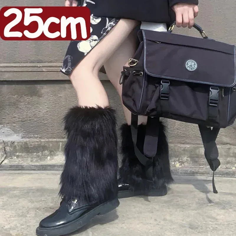 Japanese White Faux Fur Y2K Goth Leg Warmers - Knee-Length Boot Covers