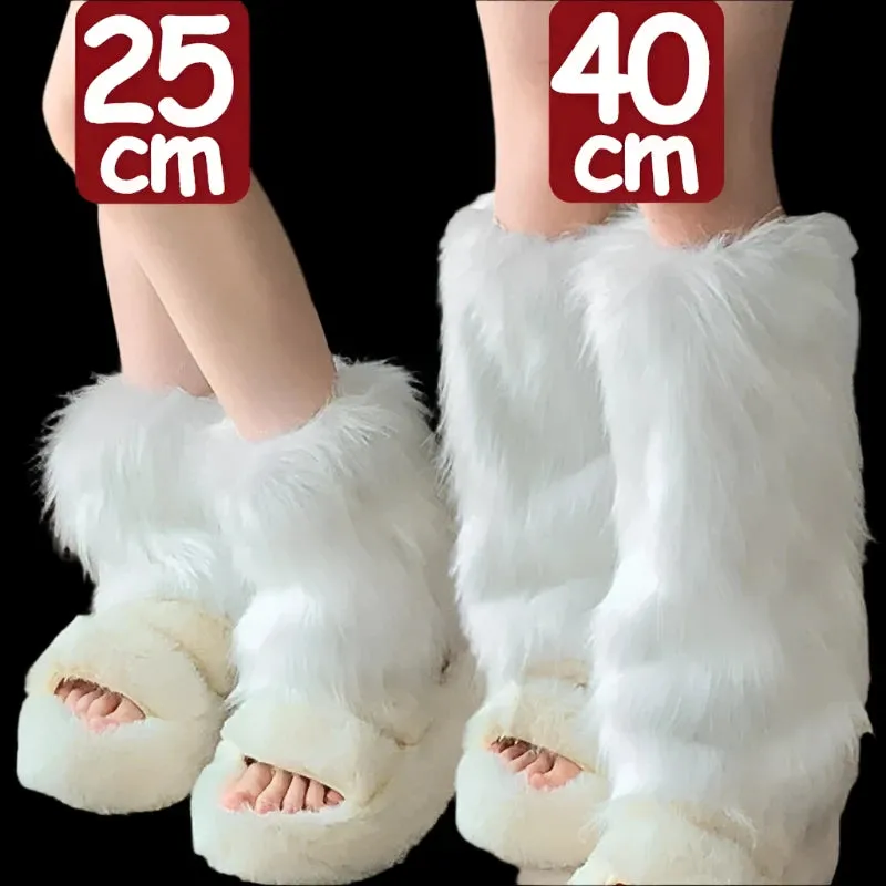 Japanese White Faux Fur Y2K Goth Leg Warmers - Knee-Length Boot Covers