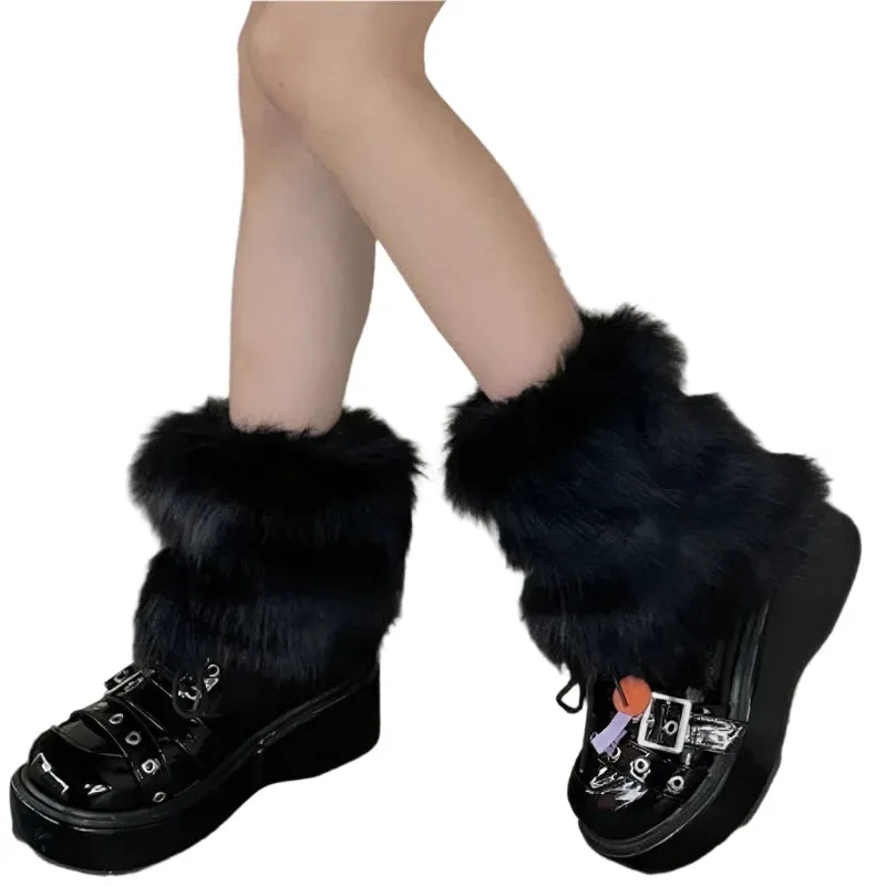 Japanese White Faux Fur Y2K Goth Leg Warmers - Knee-Length Boot Covers