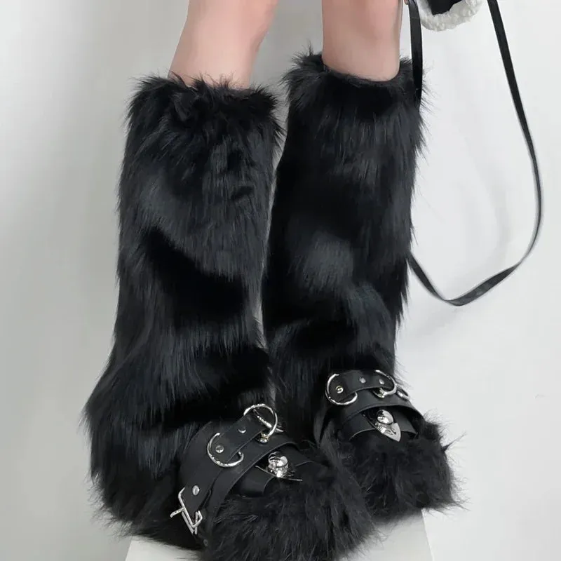 Japanese White Faux Fur Y2K Goth Leg Warmers - Knee-Length Boot Covers