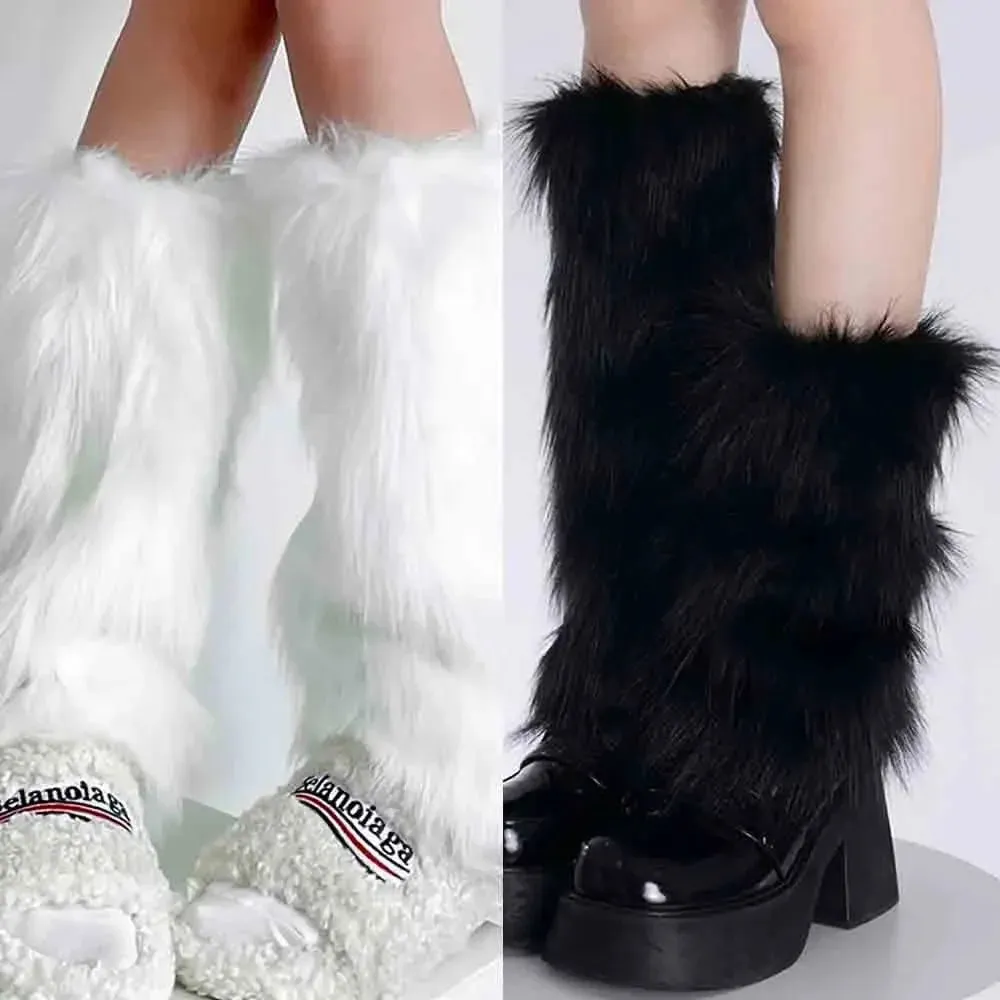 Japanese White Faux Fur Y2K Goth Leg Warmers - Knee-Length Boot Covers