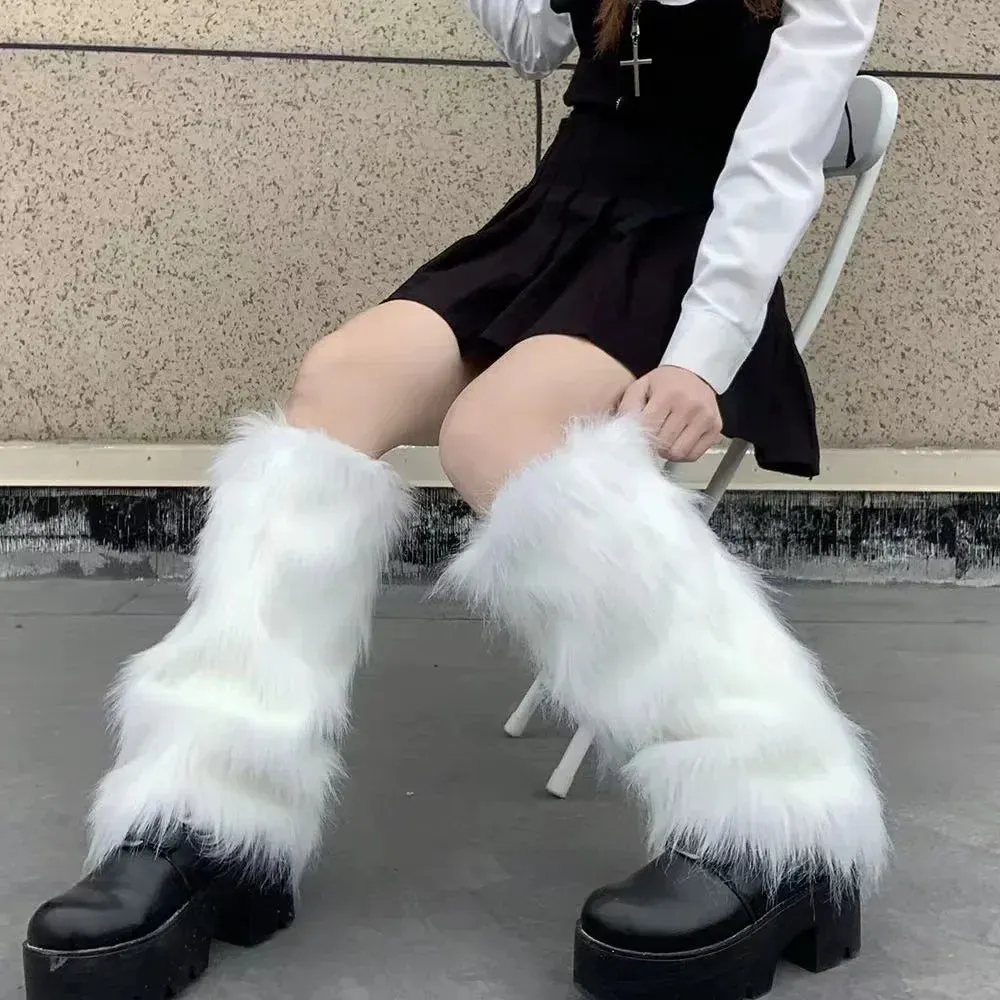 Japanese White Faux Fur Y2K Goth Leg Warmers - Knee-Length Boot Covers