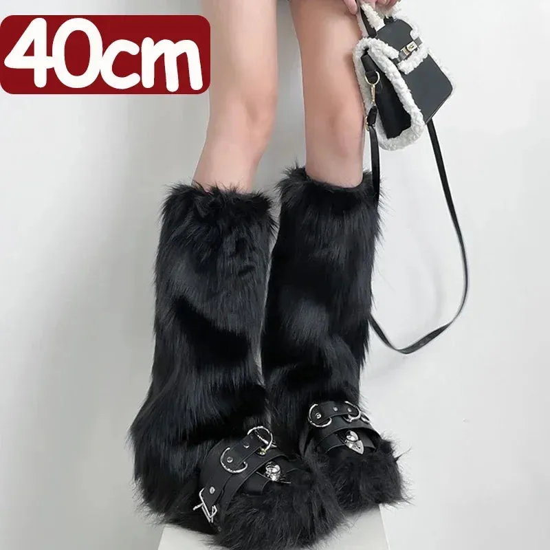 Japanese White Faux Fur Y2K Goth Leg Warmers - Knee-Length Boot Covers