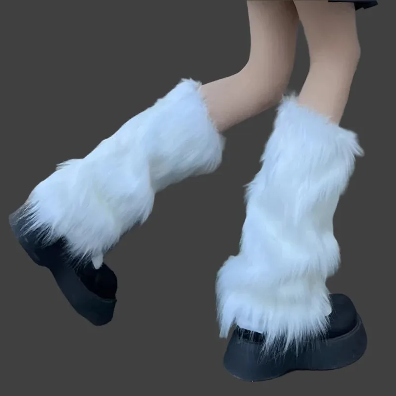 Japanese White Faux Fur Y2K Goth Leg Warmers - Knee-Length Boot Covers