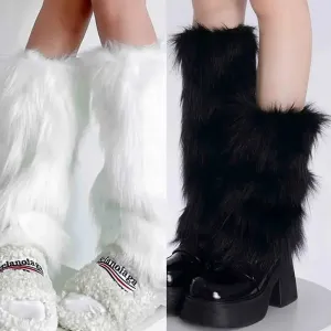 Japanese White Faux Fur Y2K Goth Leg Warmers - Knee-Length Boot Covers