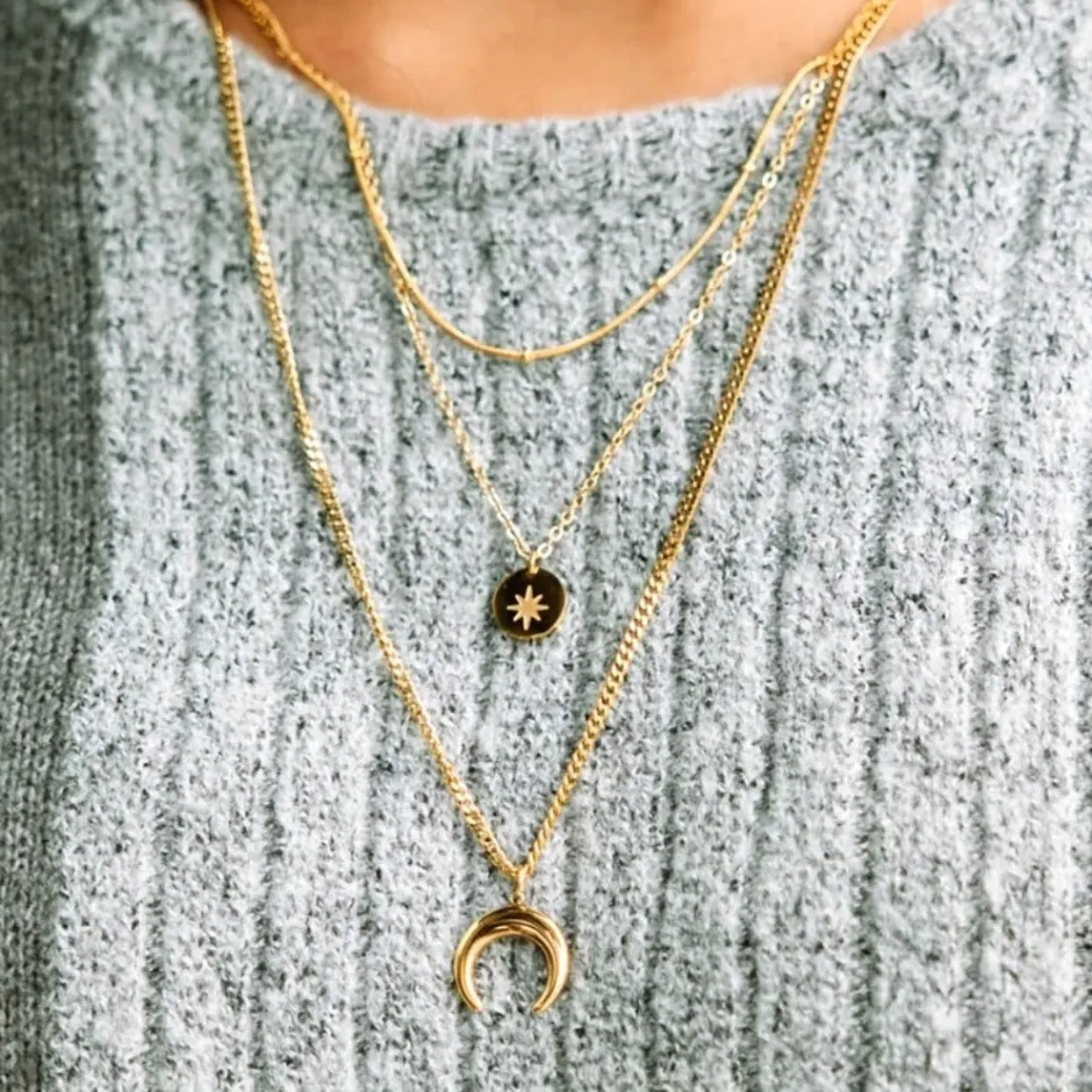 LAYERED MOON & STAR GOLD WATERPROOF NECKLACE