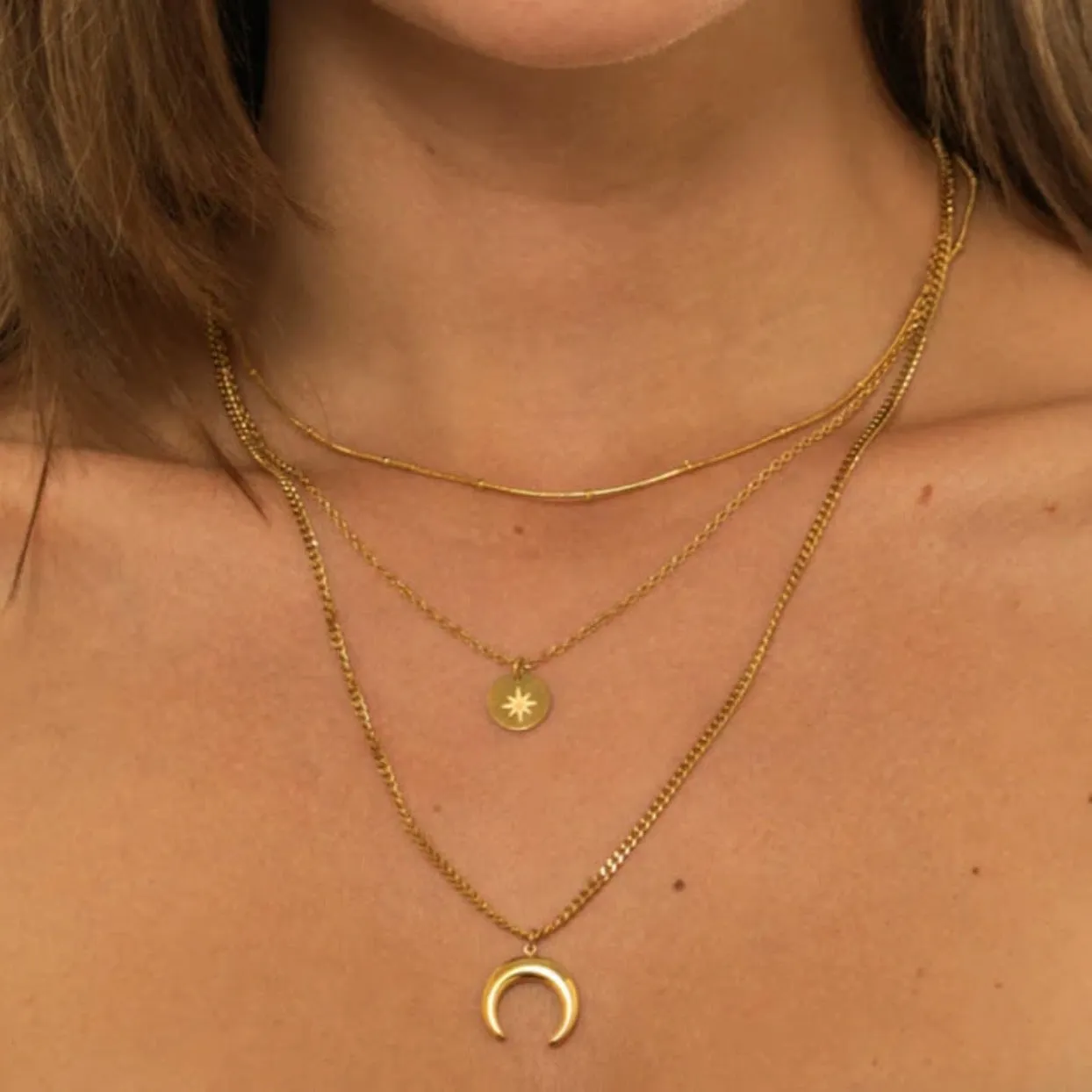LAYERED MOON & STAR GOLD WATERPROOF NECKLACE