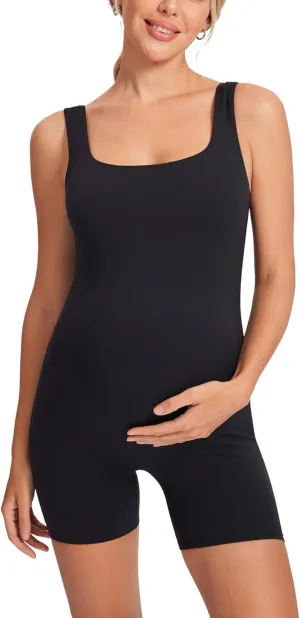 MOMANDA Women' s Maternity Bodysuit Sleeveless Shorts Jumpsuit Square Neck Tank Top for Pregnancy
