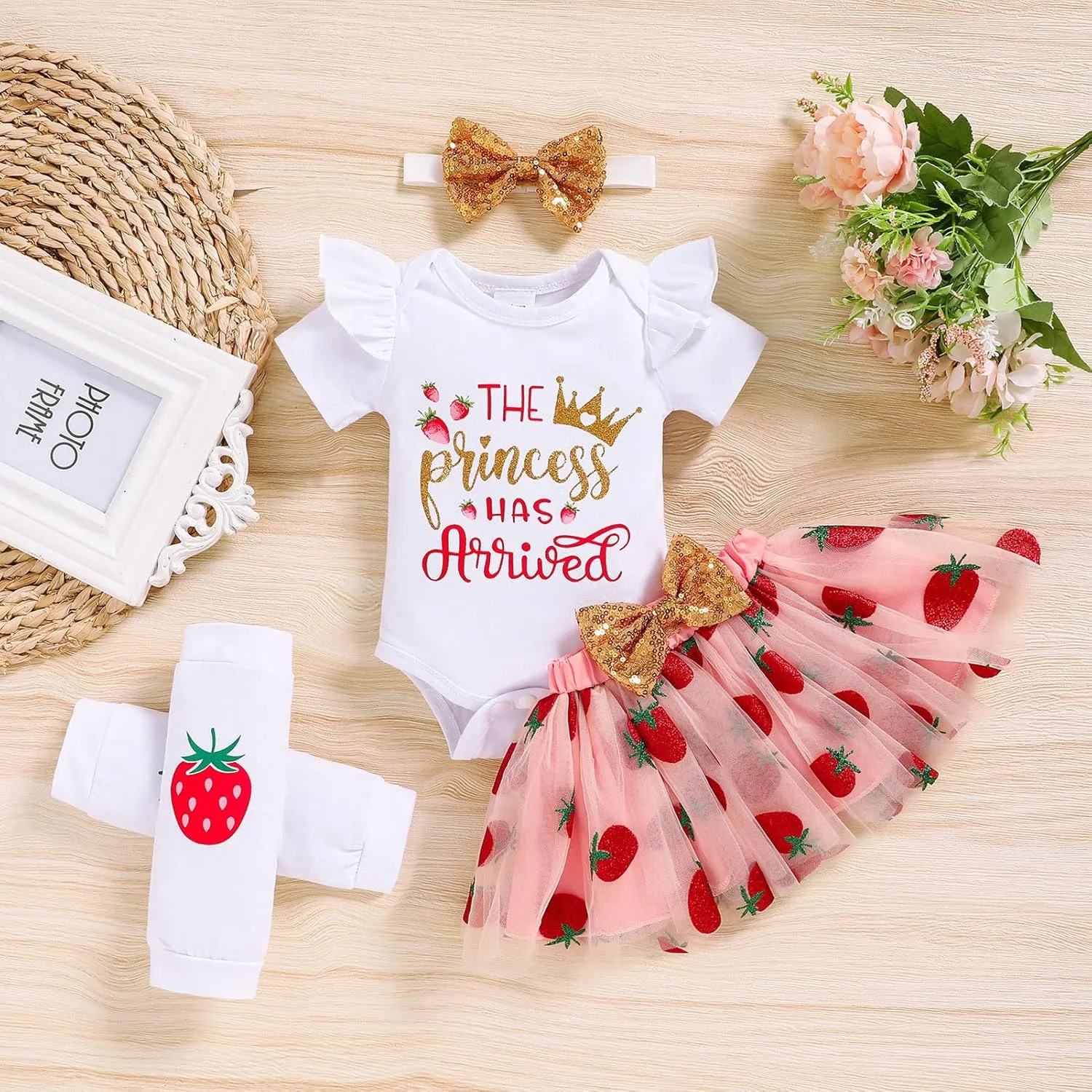 Newborn Baby Girl Outfits Infant Letter Print Romper Tutu Skirt Headband Legging Warmer Coming Home Clothes Set