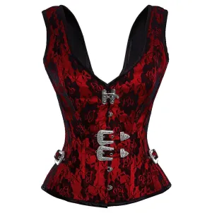 Red Satin Net Covered Shoulder Strap Gothic Burlesque Costume for Valentine Overbust Corset
