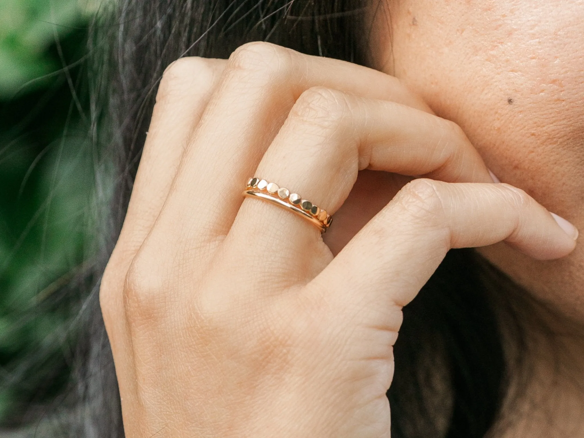 Ring Stack: Thick Hammered Beaded & Thin Smooth