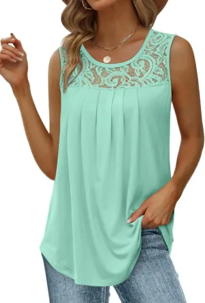Saloogoe Summer Tank Tops for Women Loose Fit Pleated Tunics Scoop Neck Sleeveless Lace Tops Curved Hem Flowy