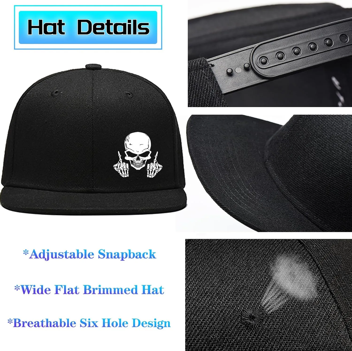 Snapback Hats for Men Flat Bill Hats for Men Black SkullHat Flat Brim Hat Fitted Hats Baseball Caps