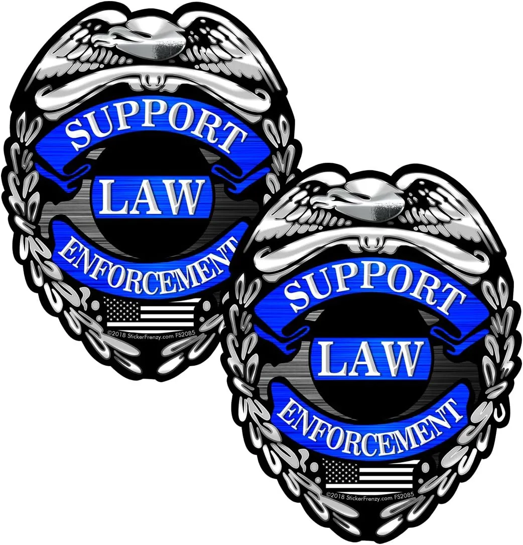 Support Law Enforcement Badge 2 Pack Stickers - #FS2085 Thin Blue Line Bumper Vinyl Decal