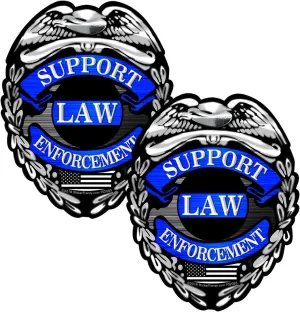 Support Law Enforcement Badge 2 Pack Stickers - #FS2085 Thin Blue Line Bumper Vinyl Decal