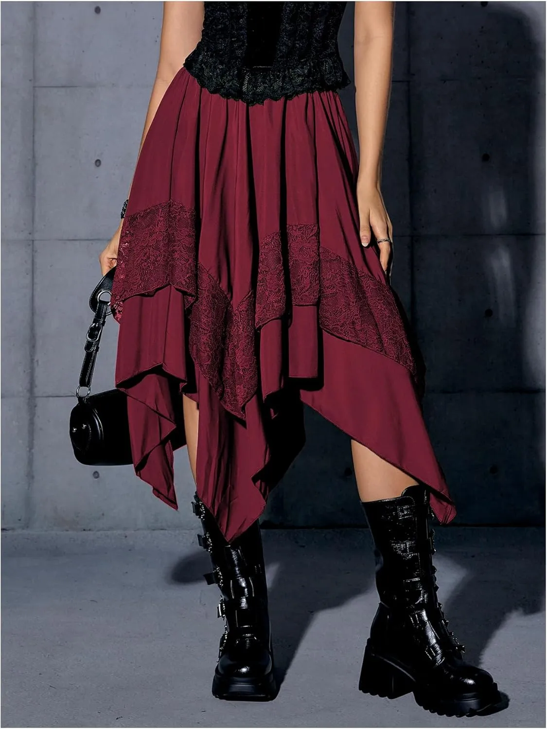 Verdusa Women's Renaissance Flowy Fairy Skirt Y2k Contrast Lace Layered Asymmetrical Midi Skirts