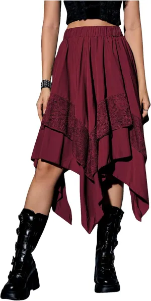 Verdusa Women's Renaissance Flowy Fairy Skirt Y2k Contrast Lace Layered Asymmetrical Midi Skirts
