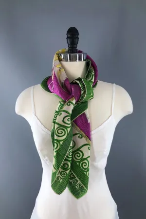 Vintage 1940s Magenta Daffodil Floral Print Silk Scarf